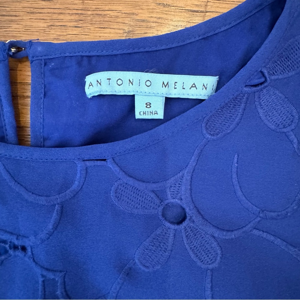 Antonio Melani Ghiaia Dress Blue Floral Lined Embroidered Overlay Midi Sheath 8 - Picture 7 of 11